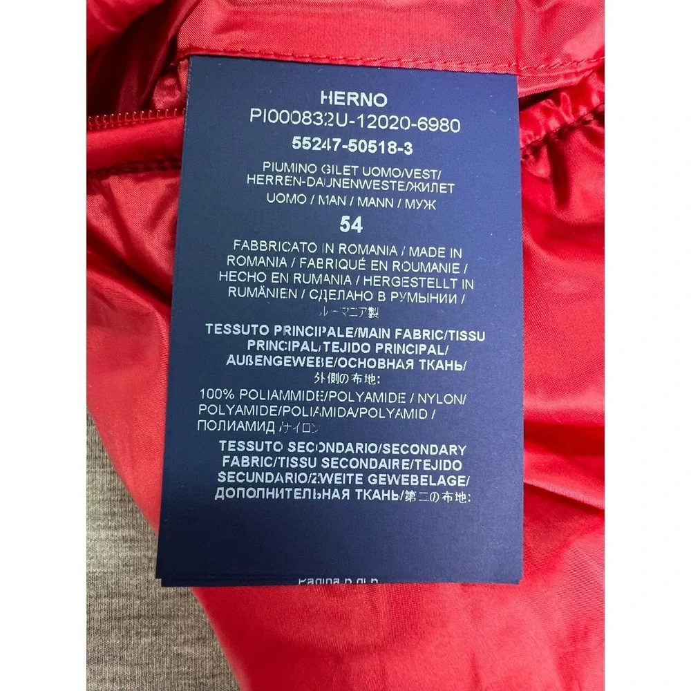 HERNO Puffer Vest Hooded Full Zip Red Grey Men's Size‎ 54 XXL Down Filled